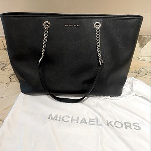 Michael Kors Black, Extra Large Jet Set Travel Laptop Tote with chain shoulder